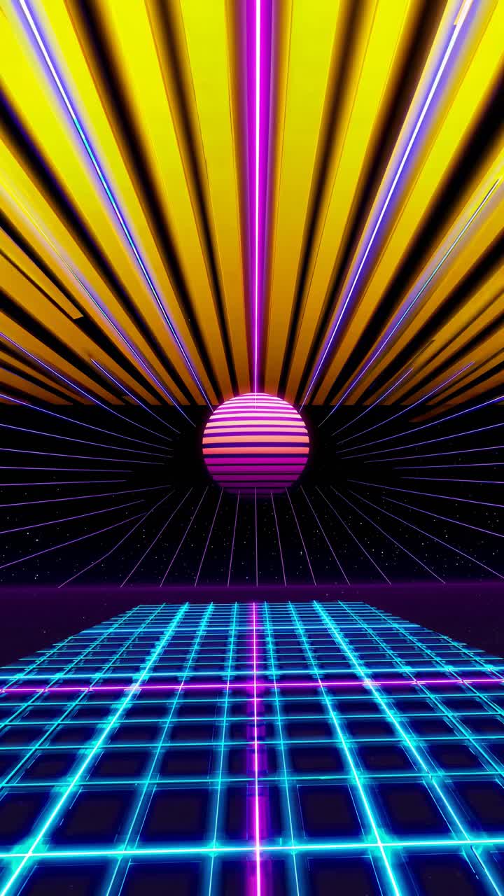 Retro-futuristisk videostil med neon-gitter og glødende sol, lavt vinkelperspektiv