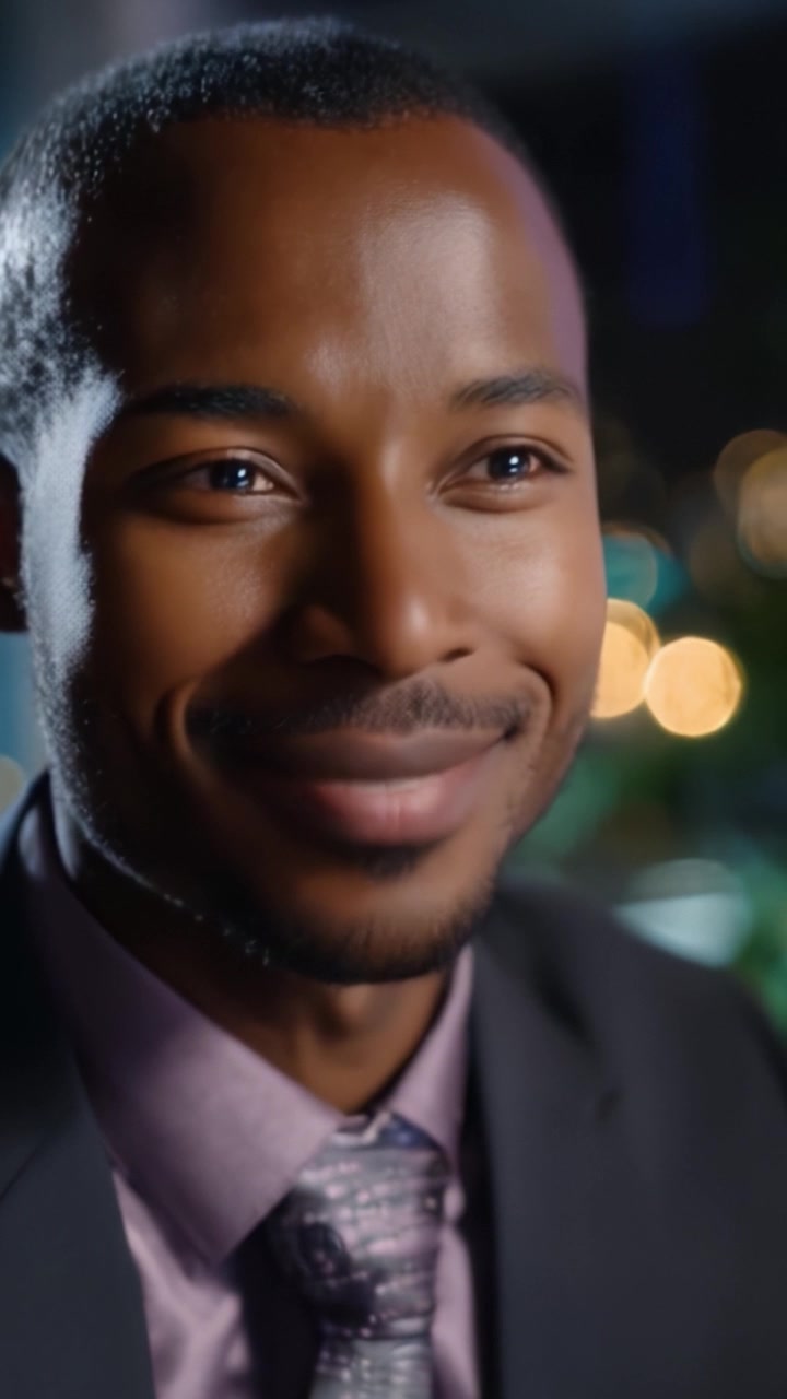 An Engaging Portrait of a Smiling Professional in Evening Attire, Radiating Confidence and Charm Amidst Soft Decorative Lighting