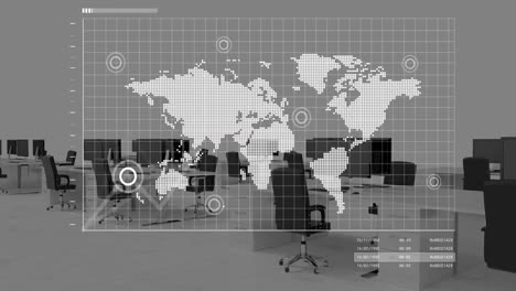 Animación-De-La-Interfaz-Con-Procesamiento-De-Datos-Sobre-El-Mapa-Mundial-Contra-Una-Oficina-Vacía