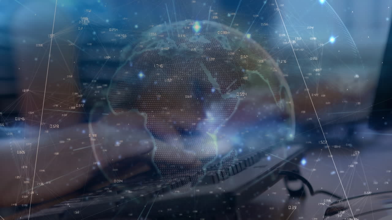 Animation of connections with globe over hands of caucasian student typing on computer at school