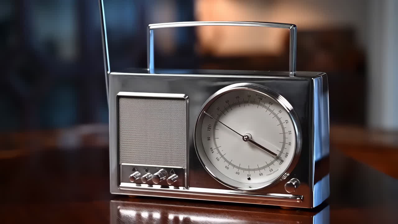 A sleek, modern chrome radio with an analog dial