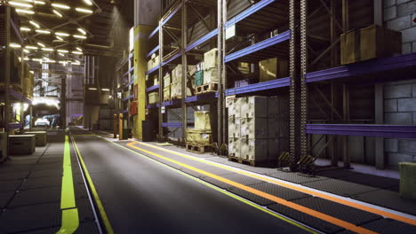 warehouse interior with organized storage and illuminated pathways for movement