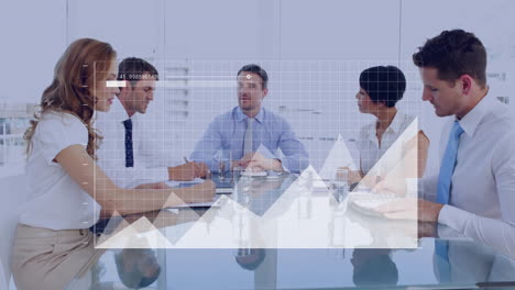 animation of financial data processing over diverse business people in meeting in office