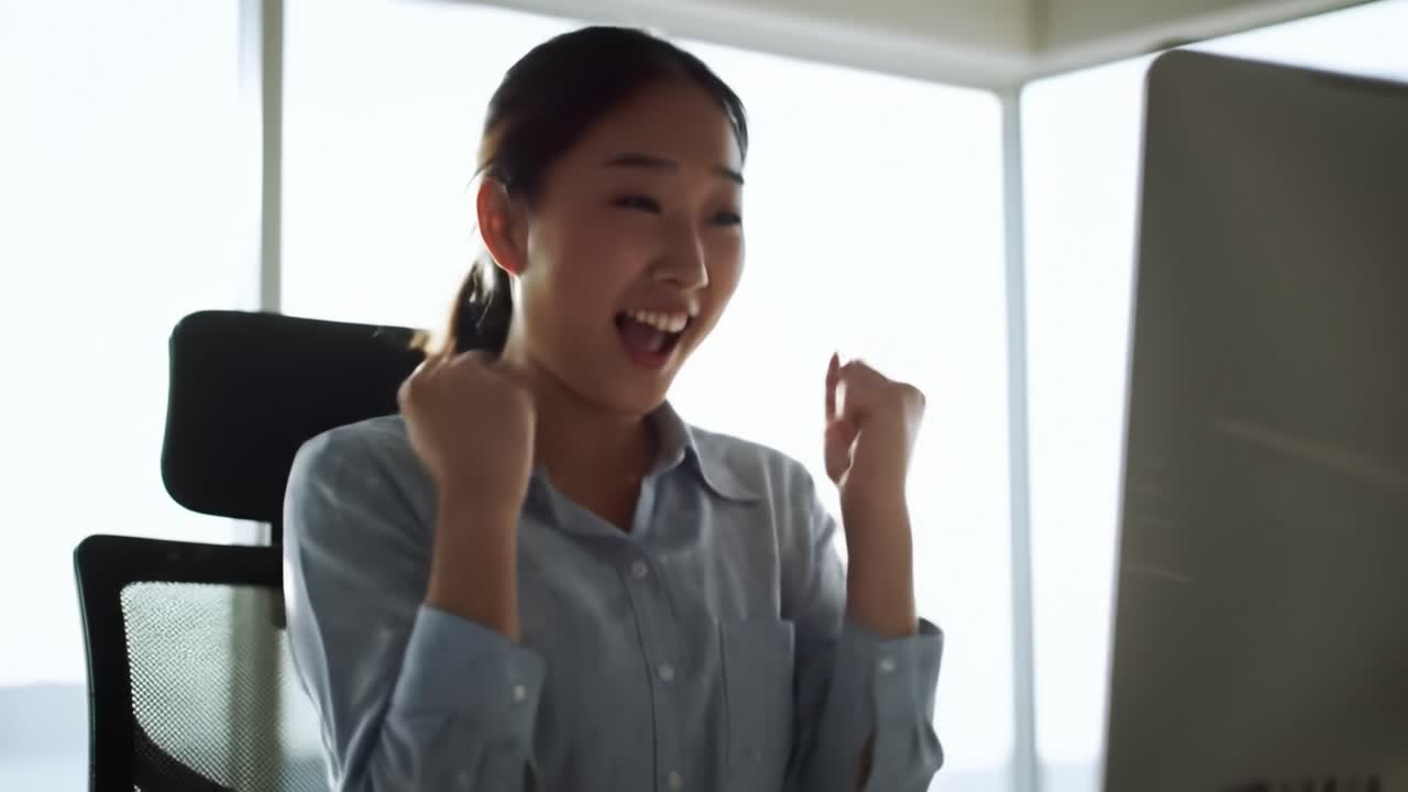 A young woman joyfully celebrates a significant achievement while sitting at her desk in a modern office. The sunlight streams through the windows, illuminating her excitement and happiness.