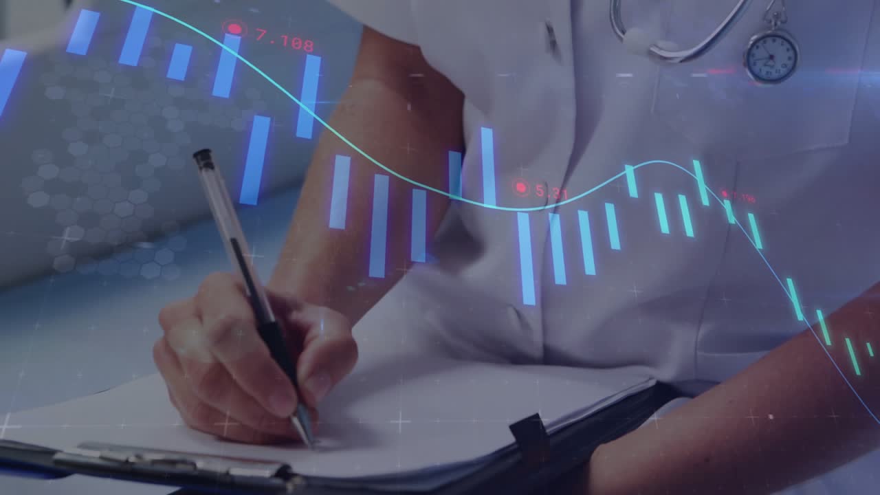 Doctor noting vitals and monitoring chart overlay in medical ward, smiling at child for reassurance