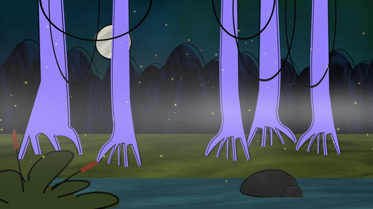 Cartoon animation background with forest and swamp abstract backdrop