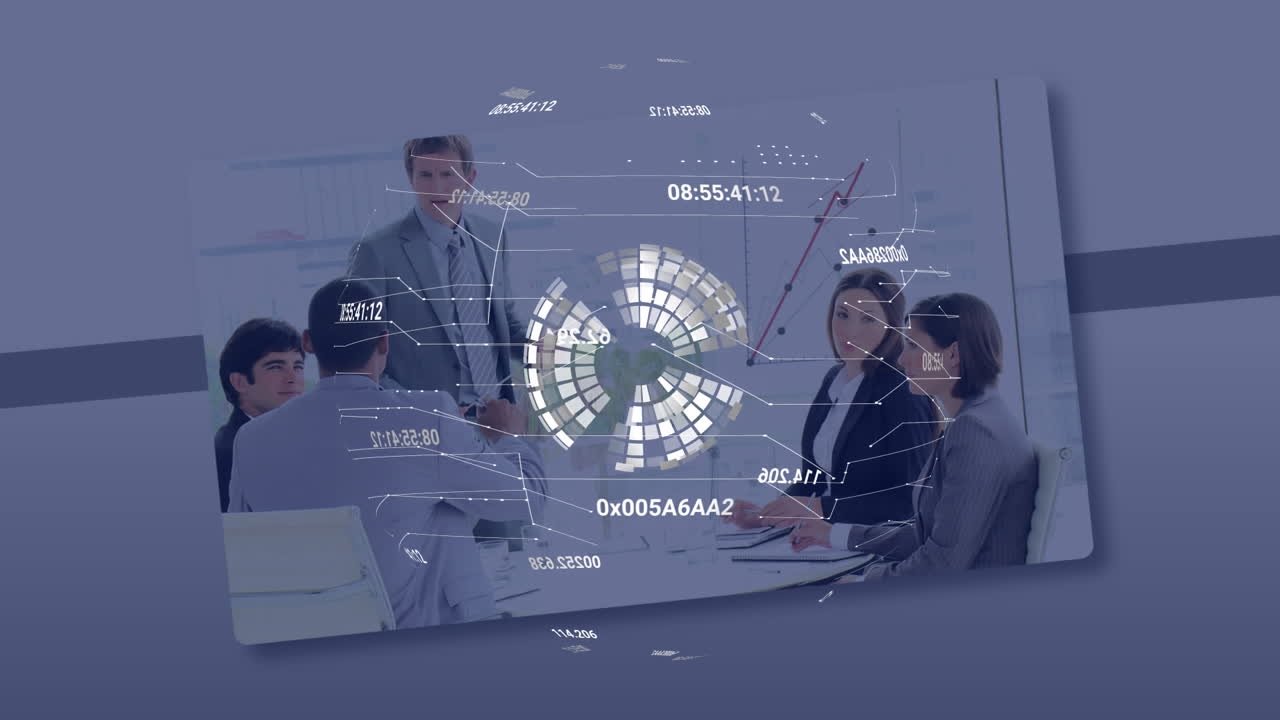 animación del procesamiento de datos financieros sobre diversas personas de negocios en la oficina