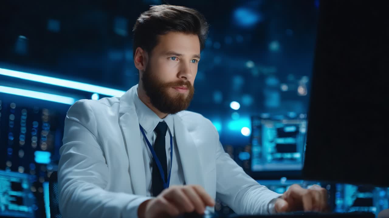 Focused Professional in a Modern Office Setting Engaged with Technology, Surrounded by Multiple Screens and Cool Blue Lighting, Represents Dedication and Concentration