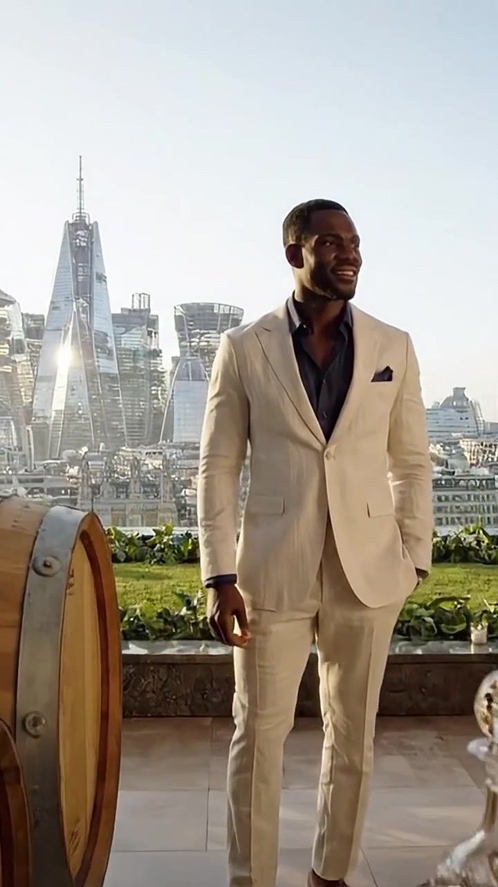 Uomo elegante in abito alla moda posa con lo skyline panoramico della città e bevande di lusso in un moderno ambiente su un tetto durante una luminosa giornata di sole.