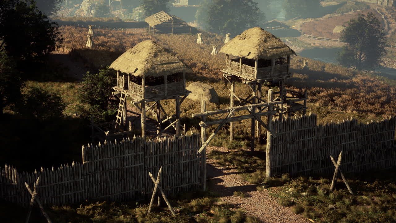 감시탑과 문이 있는 중세 마을