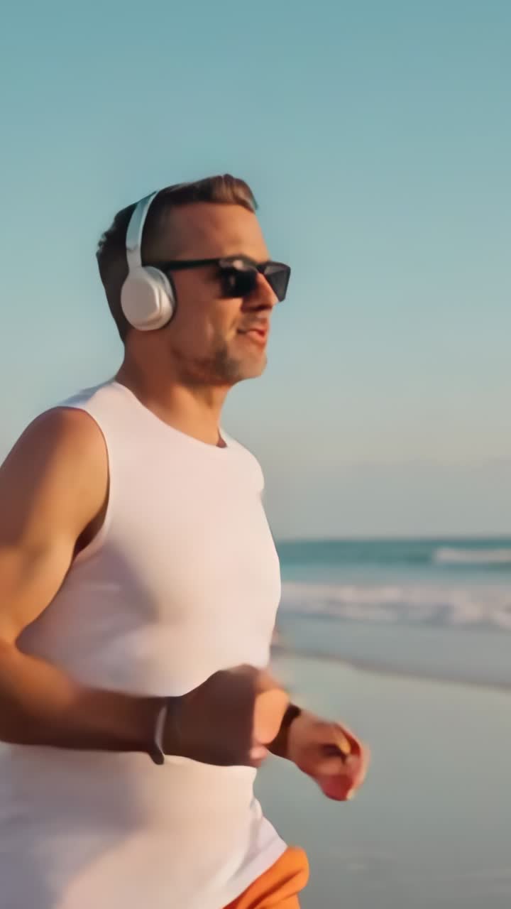Vertical video: Man entering from left and jogging along sandy beach for fitness, with headphones