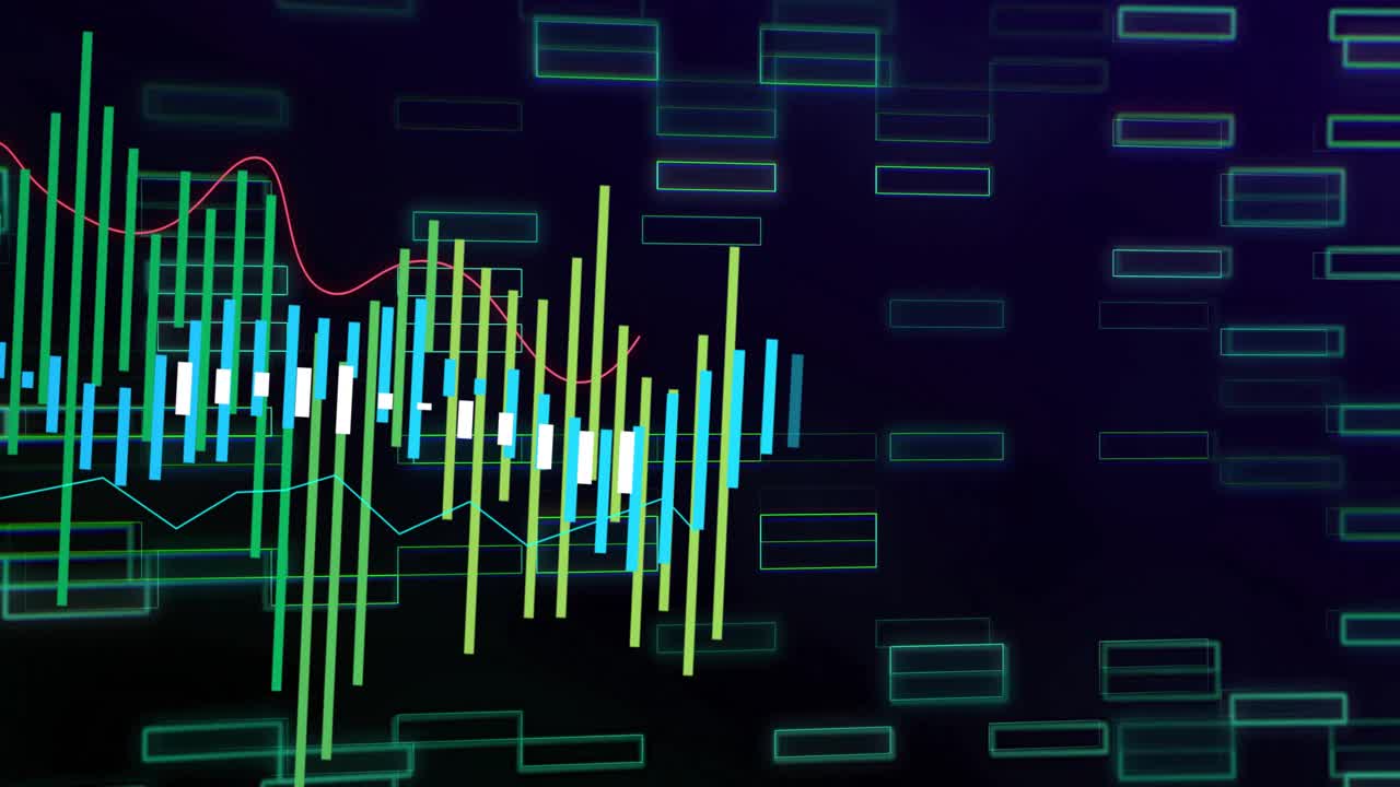 Digital chart showcasing neon bars rising, floating rectangular outlines shifting on navy backdrop