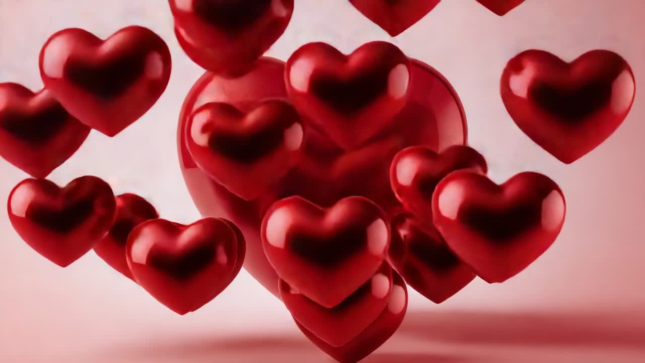 Un grande cuore rosso lucido attrae cuori più piccoli dai bordi verso il centro in una visualizzazione da studio