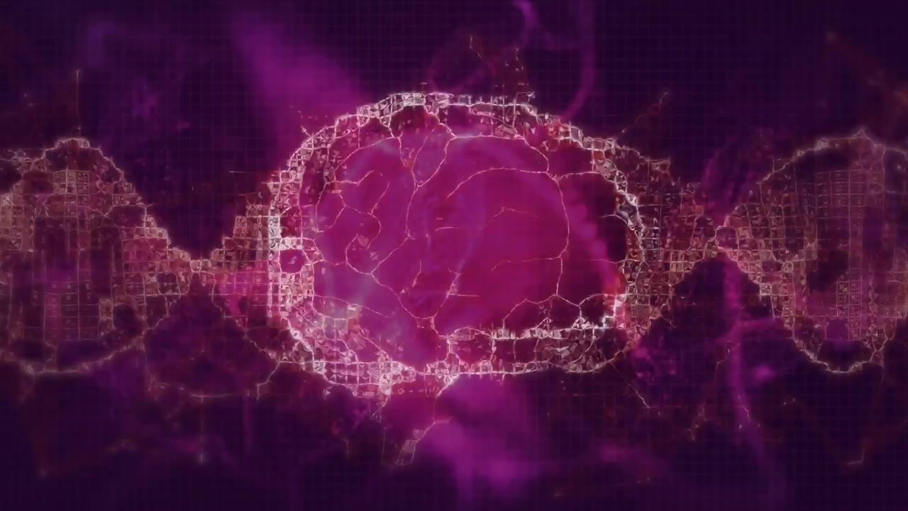 Animation of human brain over dna strand spinning on pink background