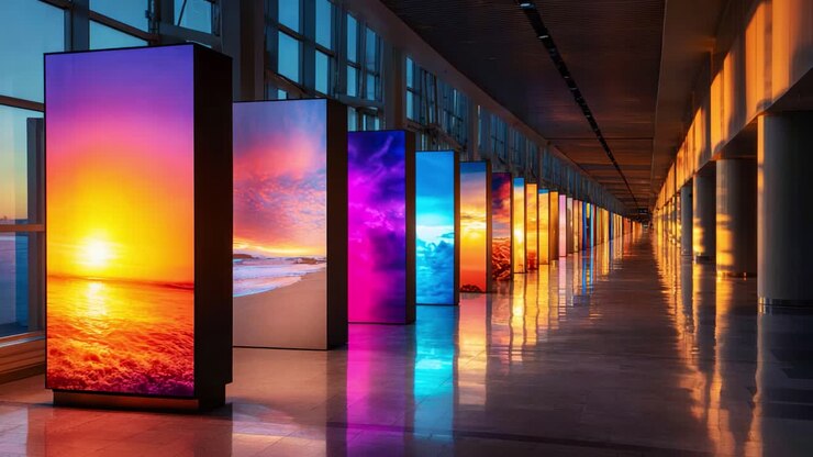 Una vivace esposizione di arte digitale che mostra splendidi tramonti sull'oceano e cieli colorati in un'elegante galleria con riflessi su un pavimento lucido