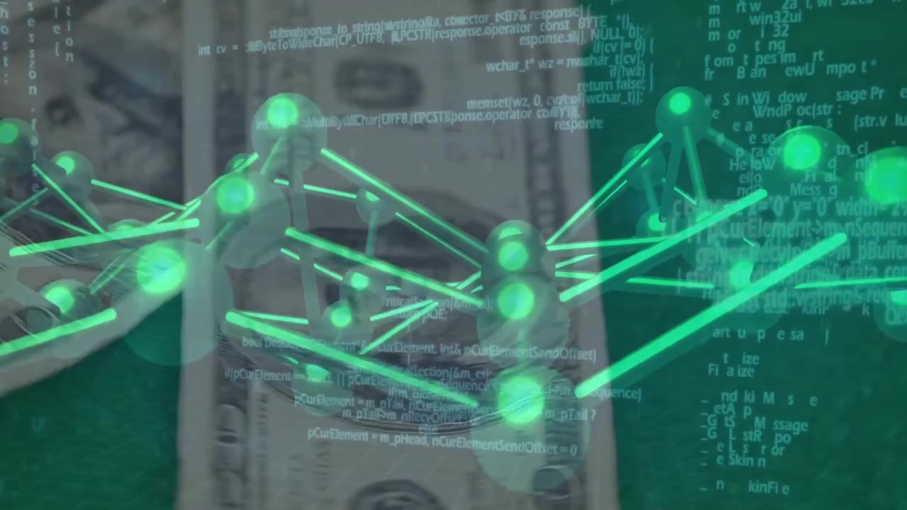 Code appearing, green 3D lattice rotating, shifting, face and money overlays fading to show finance