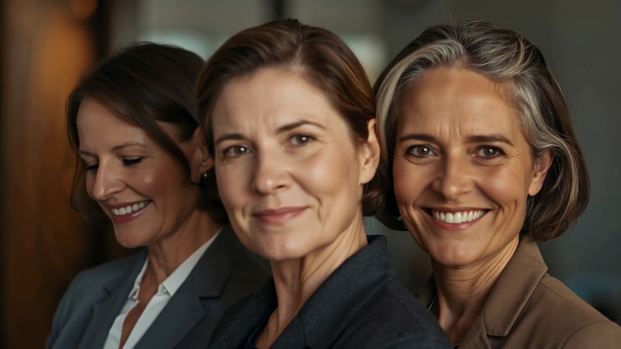 Três mulheres profissionais sorrindo respondendo ao fotógrafo chamando no escritório, usando blazers.