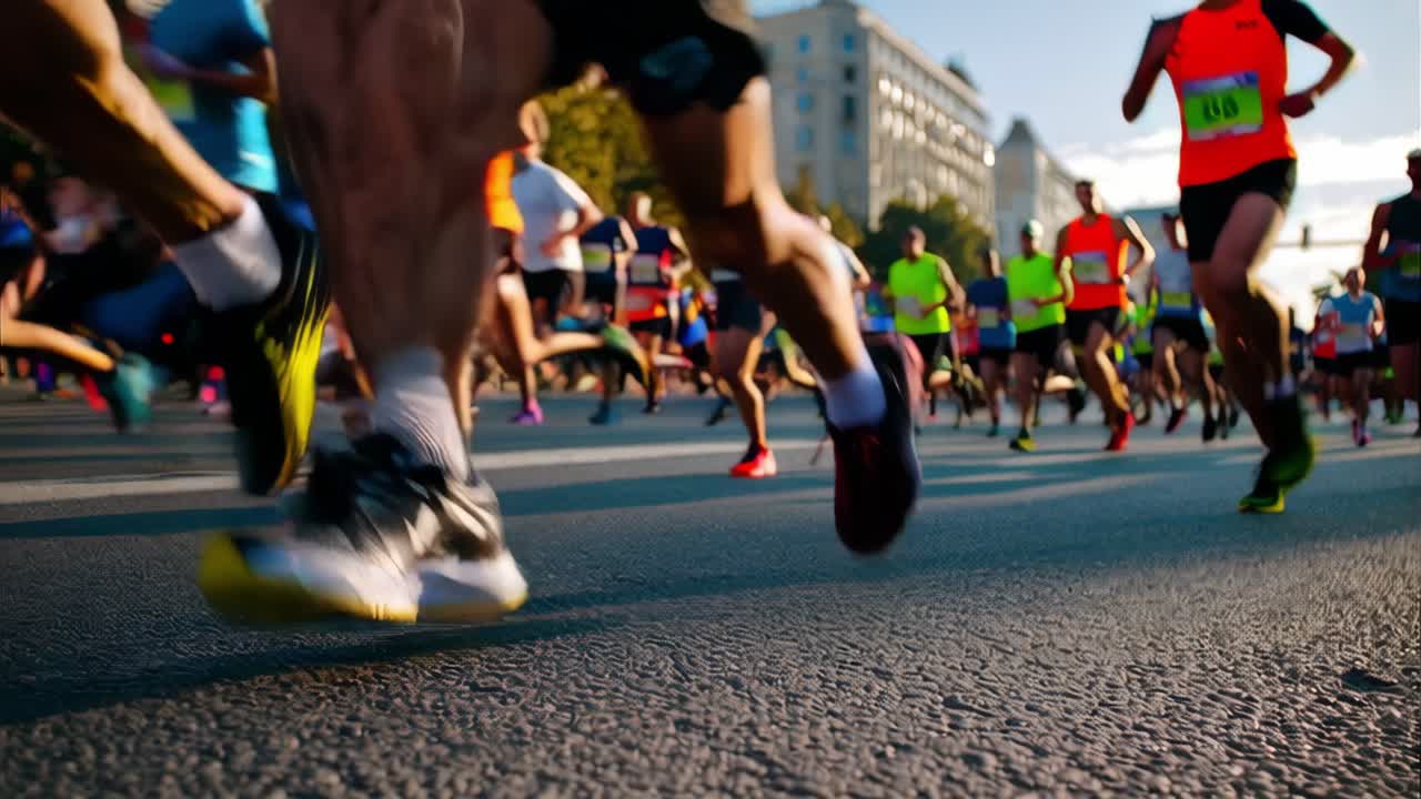 Marathon runners racing down a bustling city street, showcasing their stride and energy during a competitive event, with impressive buildings rising in the background