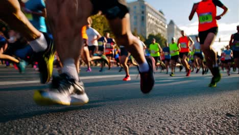 marathon runners racing down a bustling city street, showcasing their stride and energy during a competitive event, with impressive buildings rising in the background