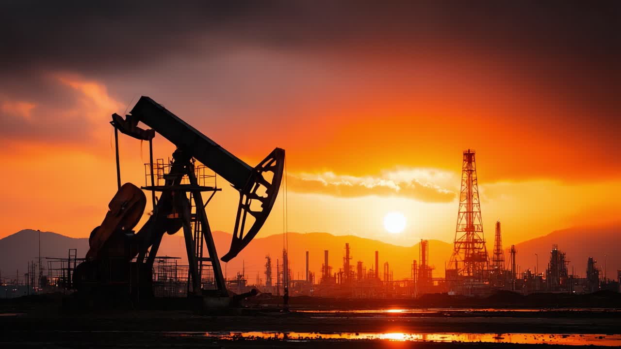Impresionante Puesta de Sol sobre Plataformas Petrolíferas: Un Vívido Despliegue de Majestuosidad Industrial contra el Telón de Fondo de un Cielo de Fuego.