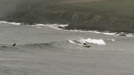 Surfers-surfing-the-waves-in-dark-ocean