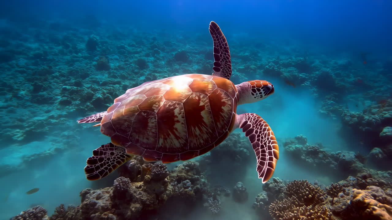 Sea Turtle Swimming Gracefully Over a Vibrant Coral Reef
