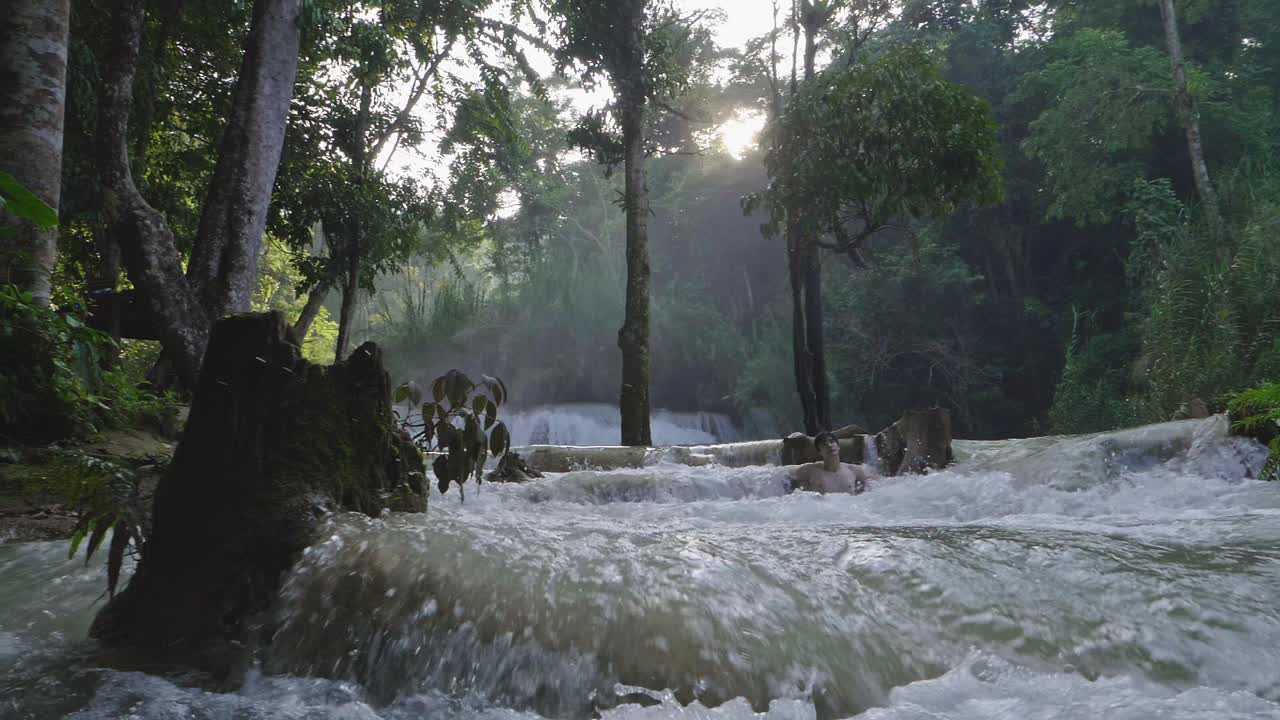 Man Relax With Waterfall, Slow Motion