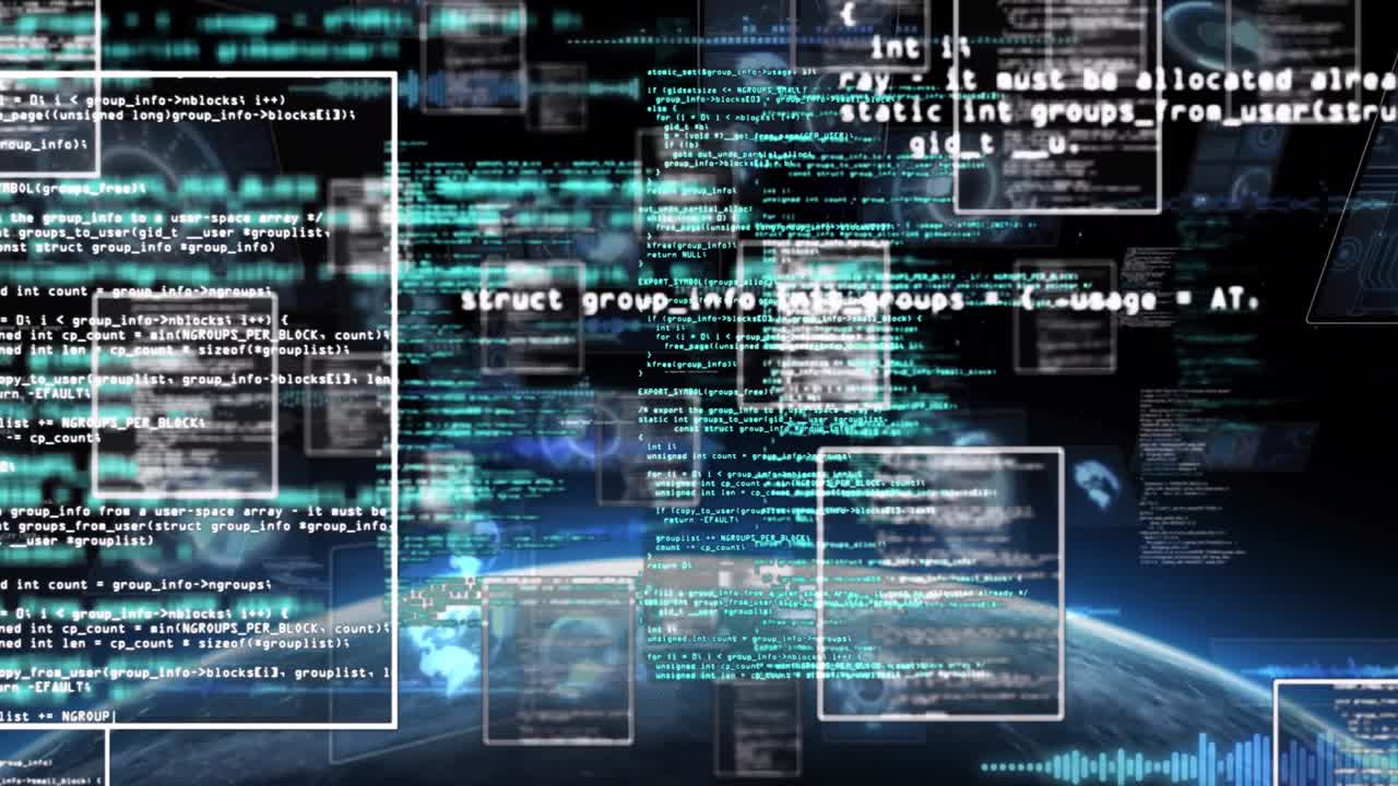 Emerging code windows initiating data visualizing, sliding and overlapping over rotating Earth