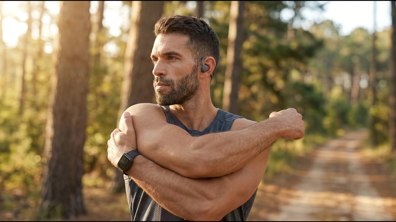 Persona che pratica esercizi di fitness e stretching all'aperto in un ambiente montano naturale
