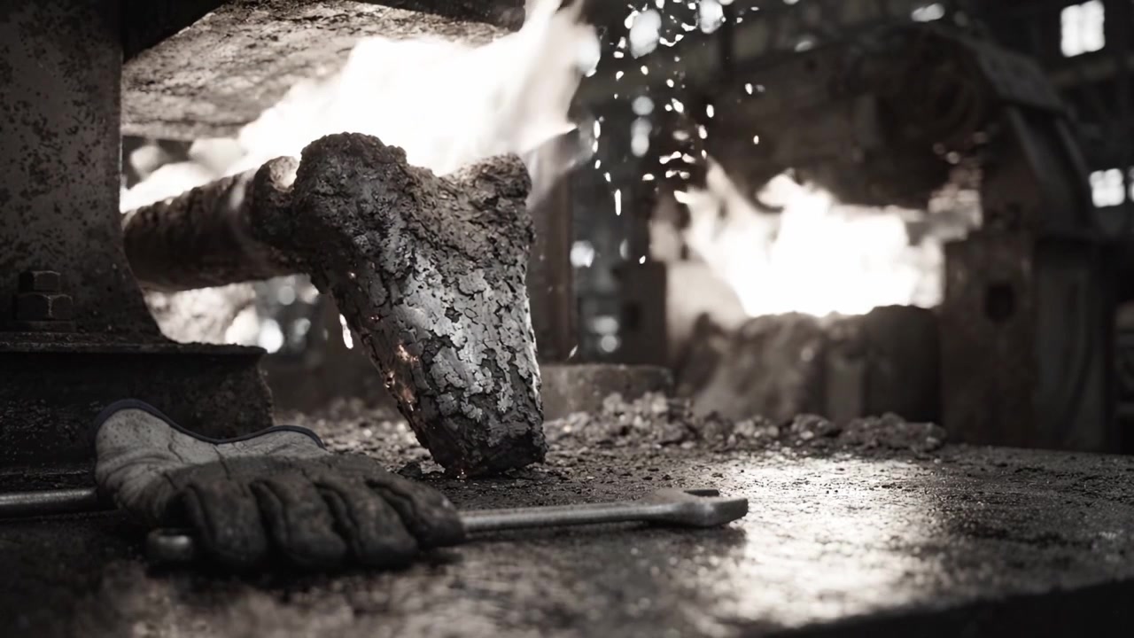 An Industrial Scene Showcasing a Gloved Hand and Wrench Amidst the Heat and Activity of Metalworking Operations in a Factory Environment