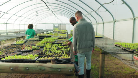 agricultor, equipo y apretón de manos para plantas de invernadero