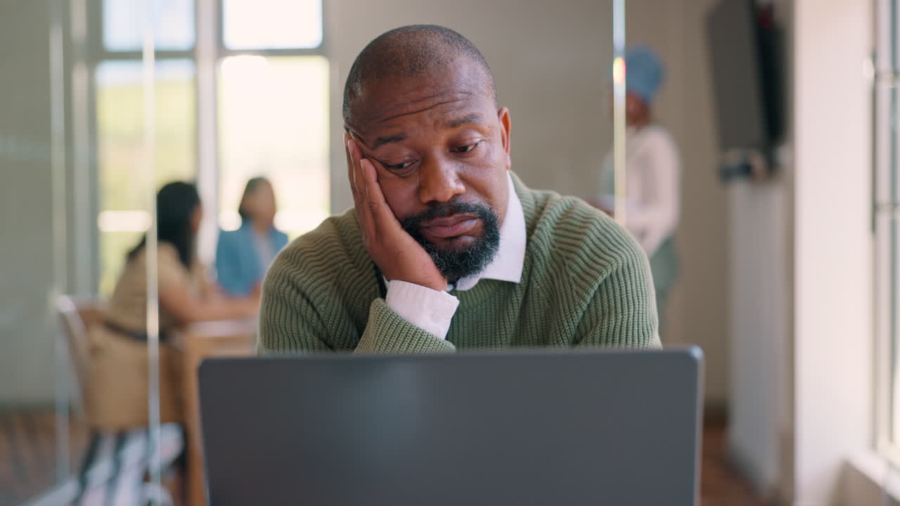 Office laptop, reading or businessman bored