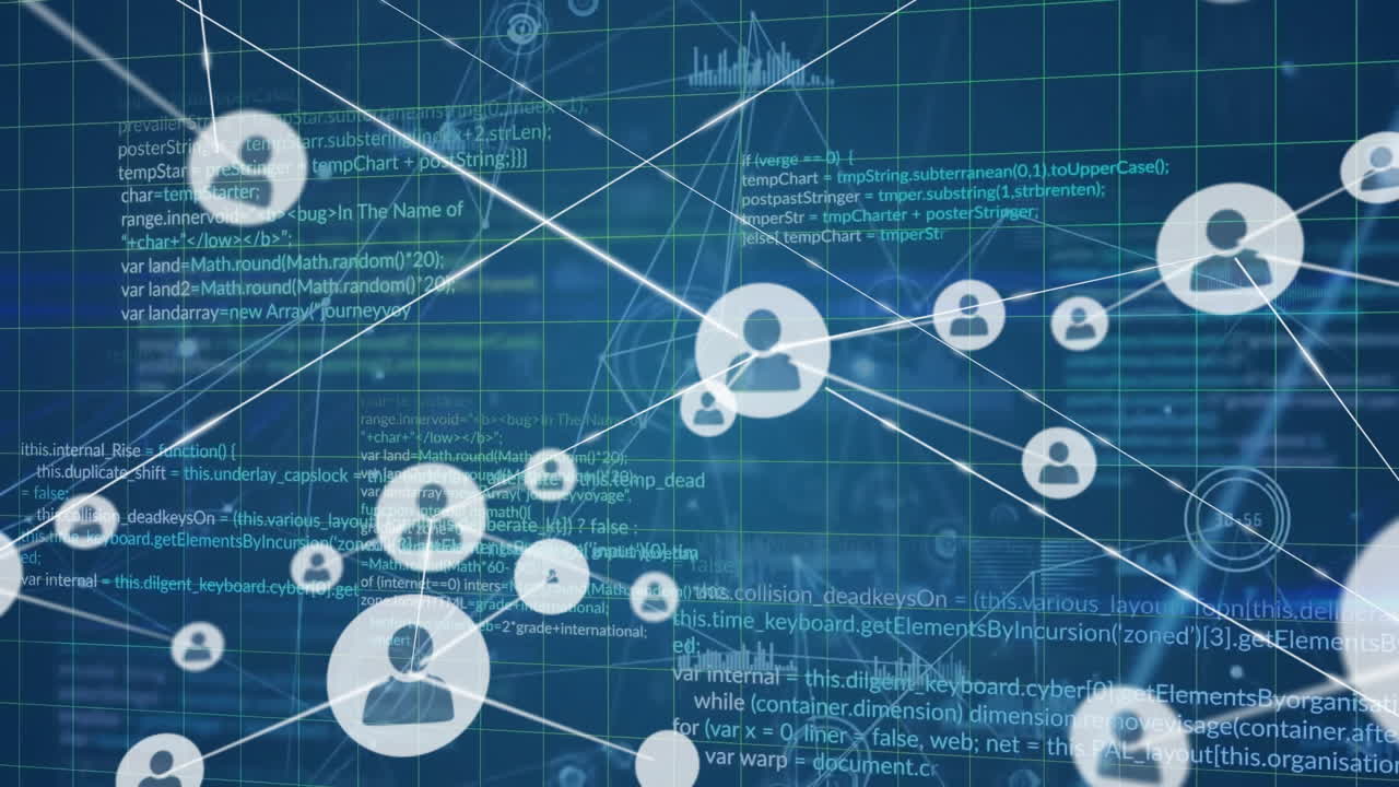 Animation of network of connections with icons and data processing over grid