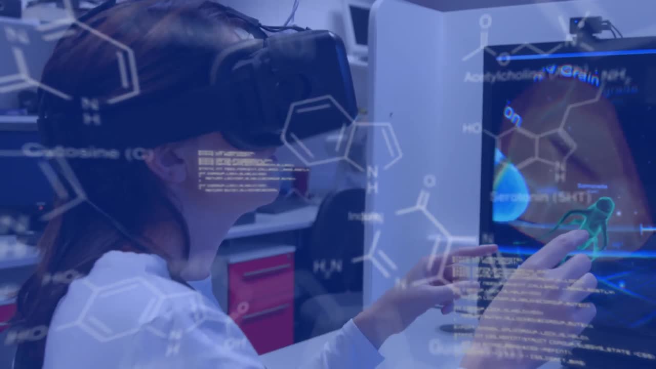 mujer con gafas vr y datos blancos en movimiento