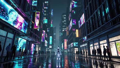 cyberpunk city at night with robot