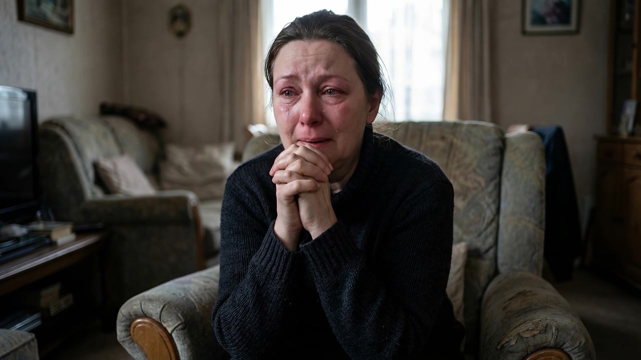 Mulher idosa triste chorando com as mãos juntas enquanto sentada numa poltrona em casa.