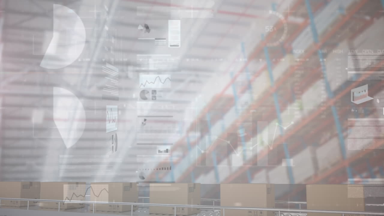 창고에서 컨베이어 벨트에 있는 카드보드 상자 위에서 통계 처리의 애니메이션