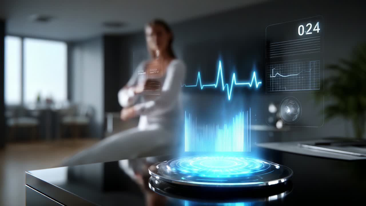 A futuristic visual representation of health monitoring technology showcasing an animated heartbeat waveform, emphasizing advanced medical diagnostics in a modern, well-lit interior setting