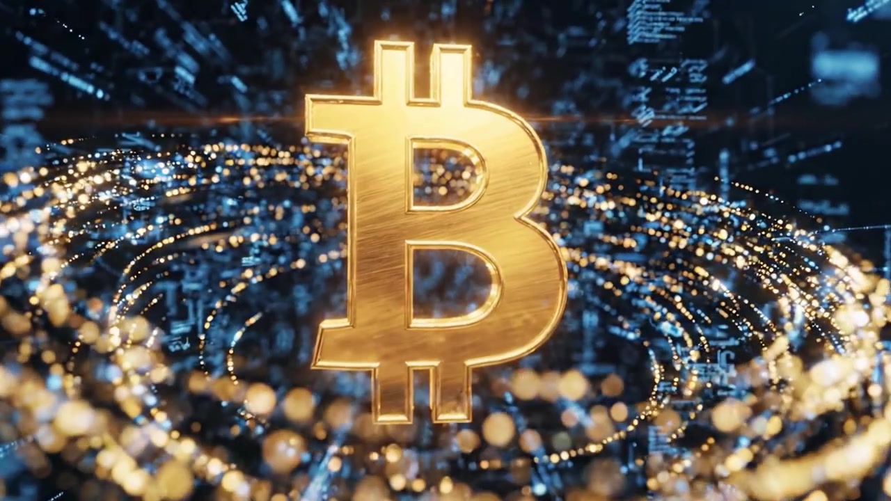 Visualizzazione dinamica di Bitcoin: che illumina la valuta digitale con un'esplosione di luce e dati, indicando crescita e innovazione nella tecnologia delle criptovalute