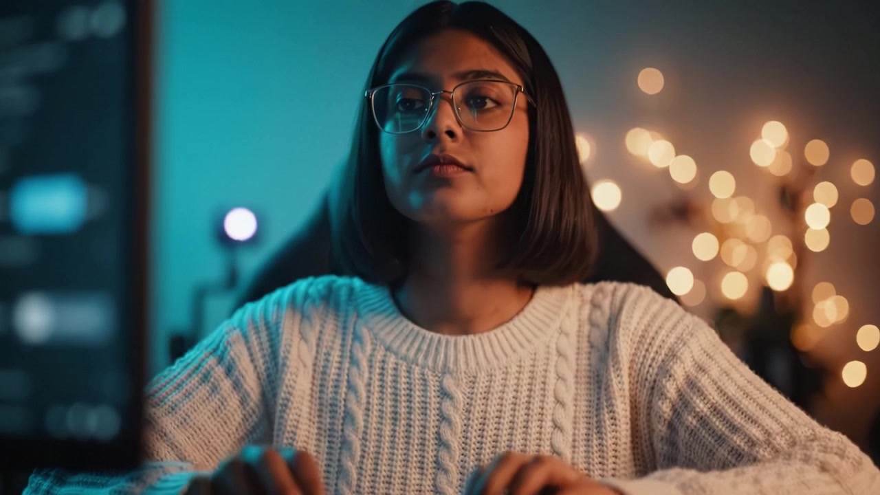 Focused Individual Engaged in Computer Work in a Room with Warm Fairy Lights Creating a Cozy Atmosphere for Productivity and Creativity