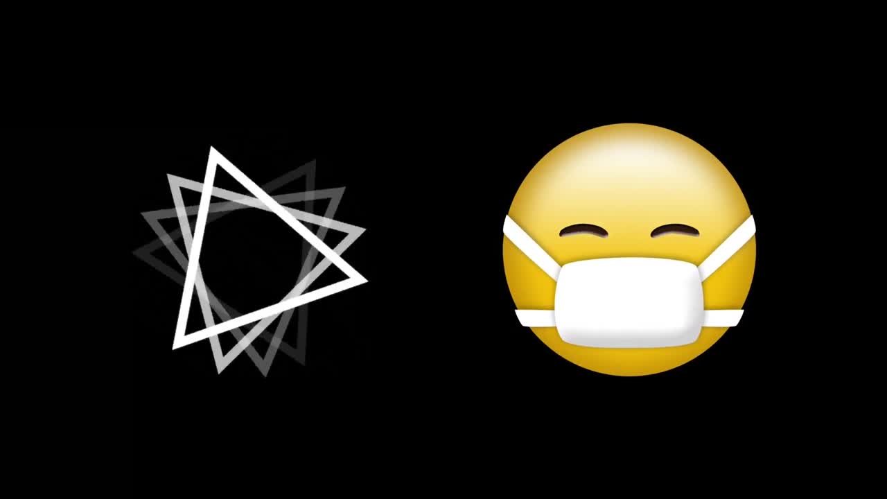 Abstract triangle shape spinning and face wearing a mask emoji against black background