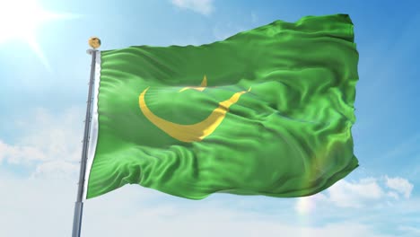 mauritania flag waving in the wind against deep blue sky. national theme, international concept. 3d render seamless loop 4k