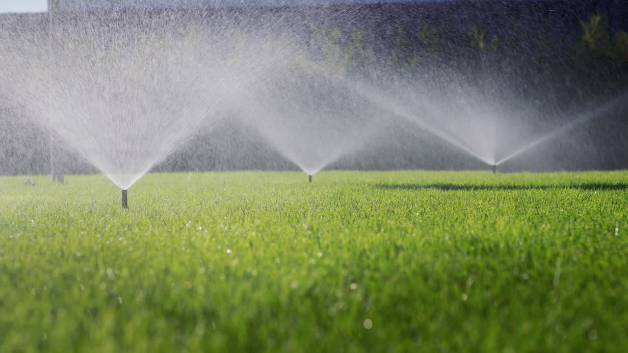 Irrigation system waters the green lawn - water is supplied from nozzles under pressure