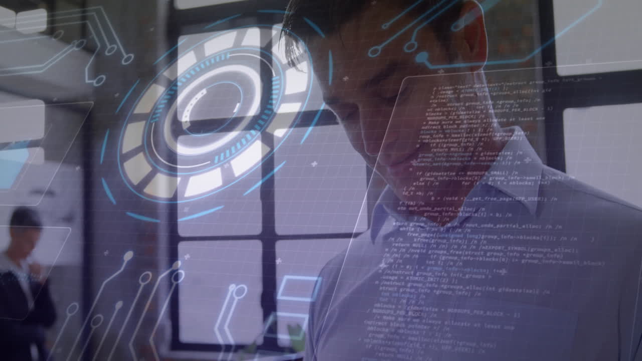 Animation of data processing and scope scanning over caucasian man using smartphone