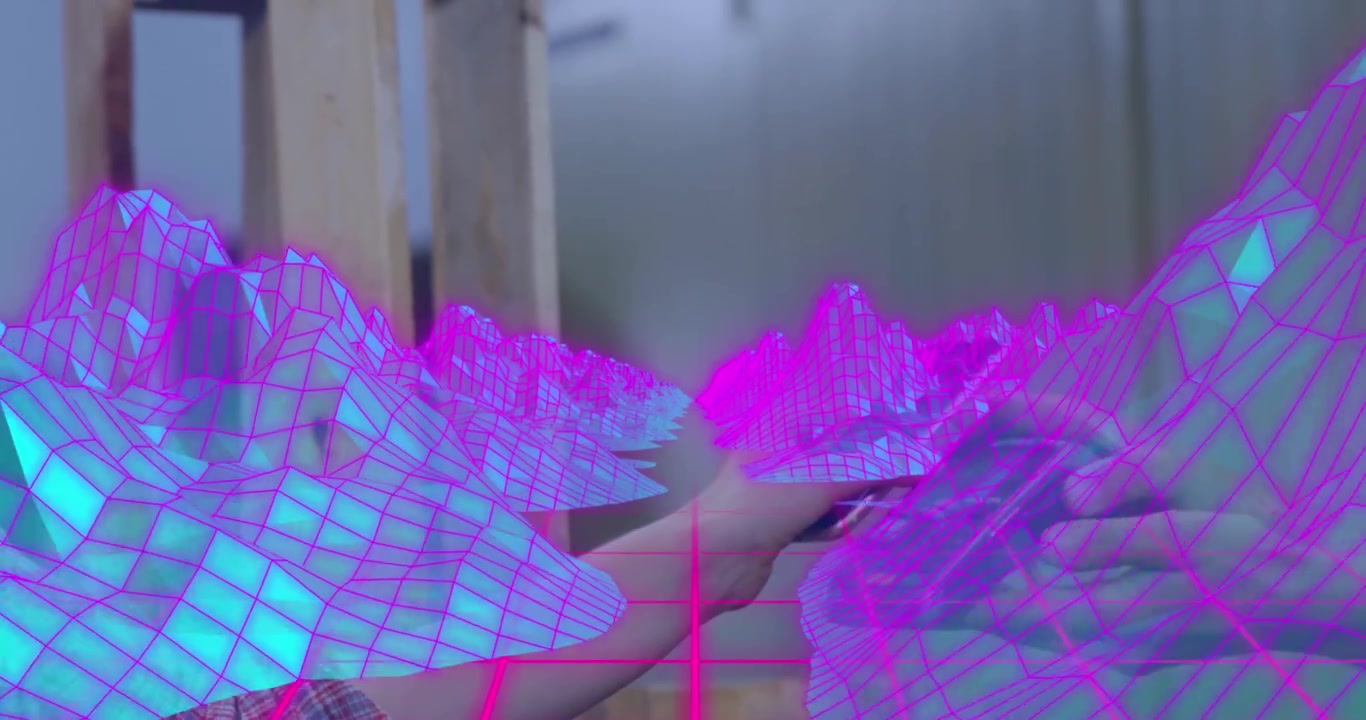 Retro Wireframe Landscape Overlaid on Hands Using Smartphone