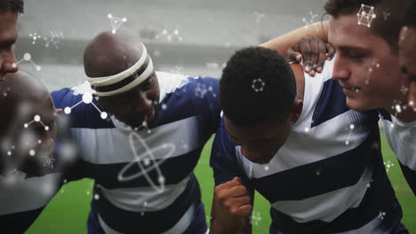 animation of chemical structures over male rugby players at stadium
