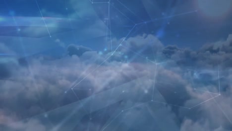 animation of network of connections with flag of united kingdom over clouds in background