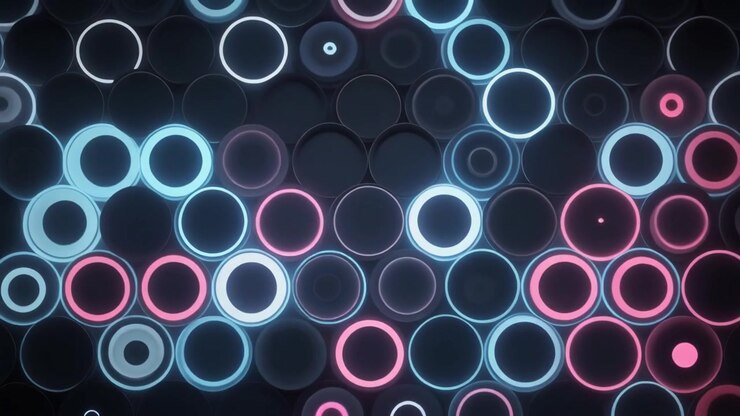 Fundo Abstrato de Círculos de Néon Brilhantes em Cilindros Escuros