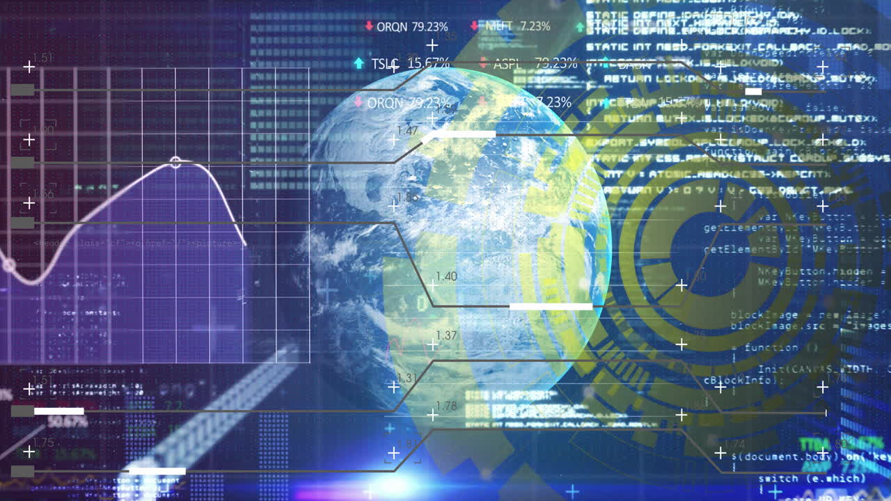 Animation of Earth with digital data and graphs, showing global technology analysis