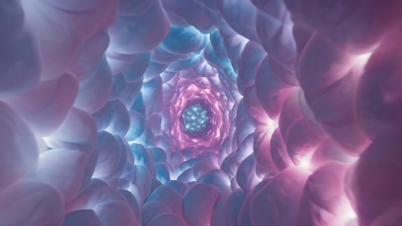 Light illuminates a tunnel of soft, round shapes, creating an abstract and dreamy atmosphere with a gradient of colors ranging from pink to blue